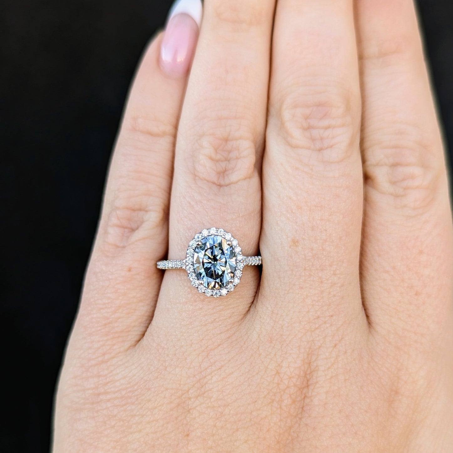 Brynn halo ring in white gold and grey oval moissanite