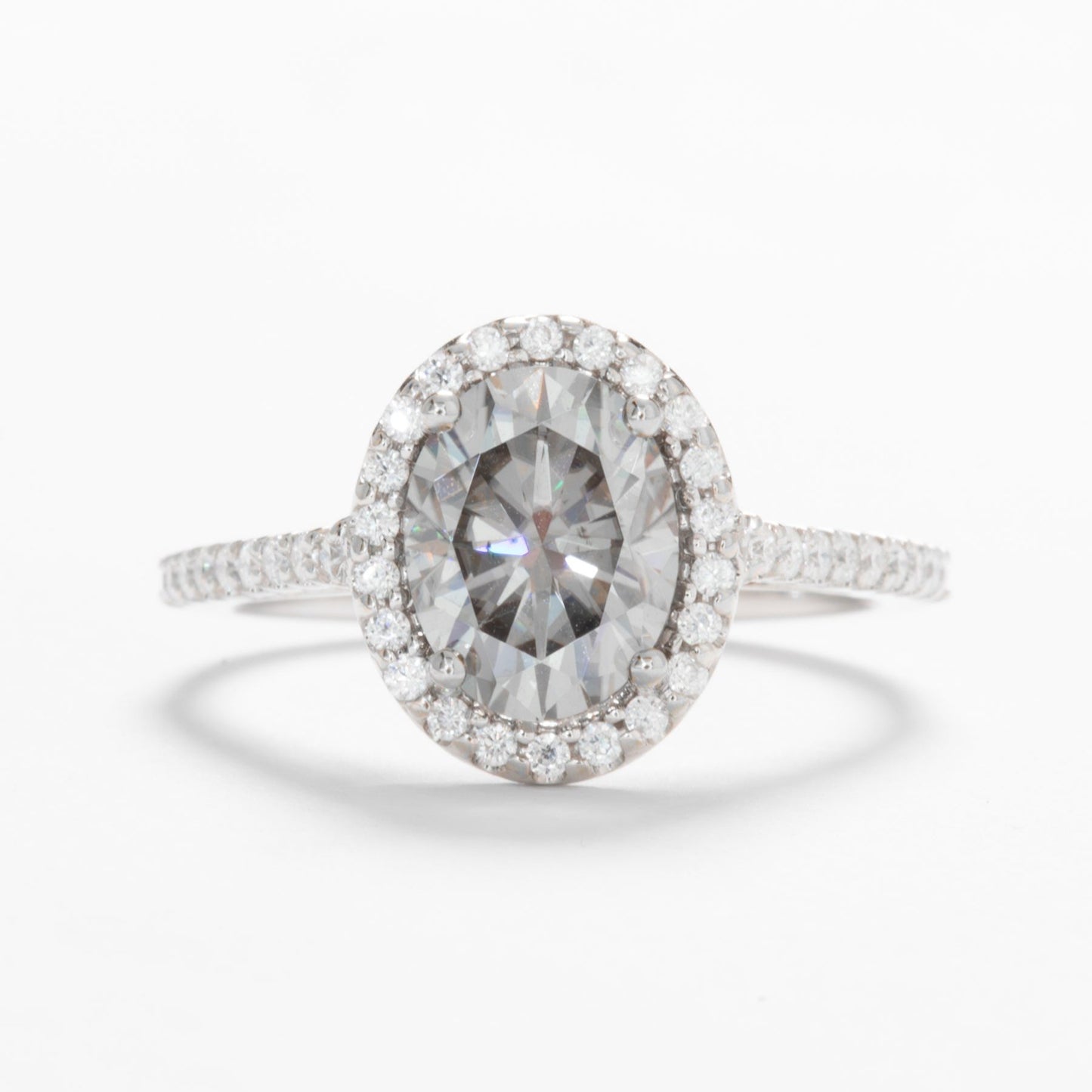 Brynn halo ring in white gold and grey oval moissanite