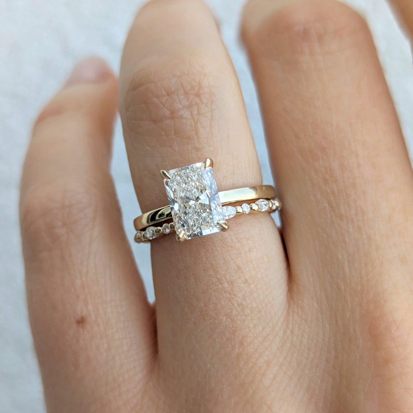 Cali solitaire engagement ring with radiant lab diamond