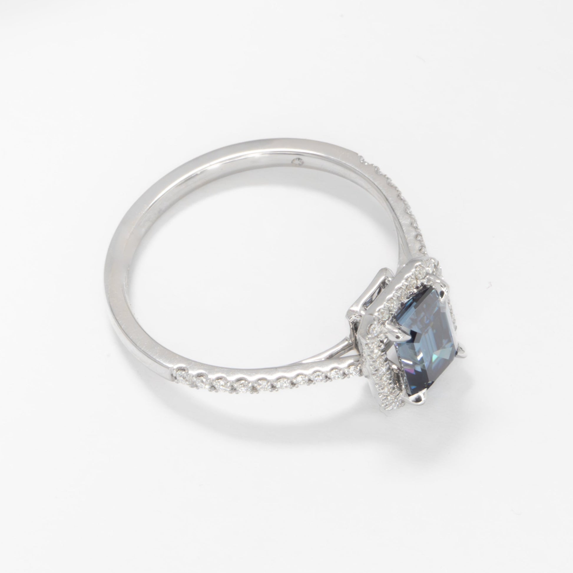 Cori engagement ring with emerald cut blue moissanite