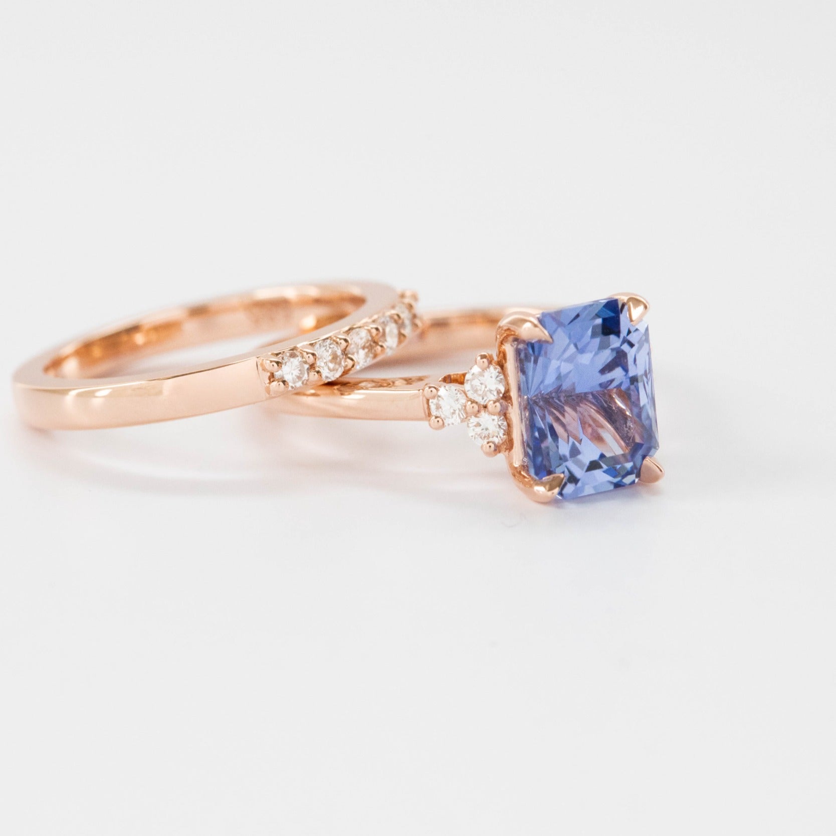 Cynthia blue lab sapphire radiant engagement ring and band