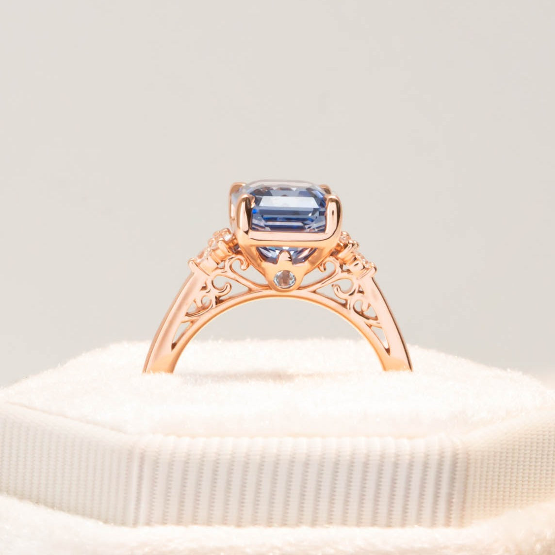 Cynthia blue lab sapphire radiant engagement ring and band