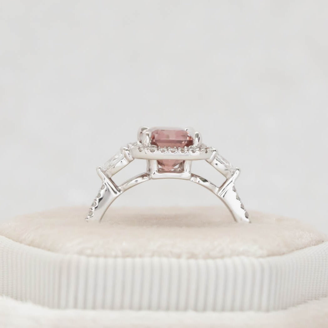 Dawn halo three stone engagement ring