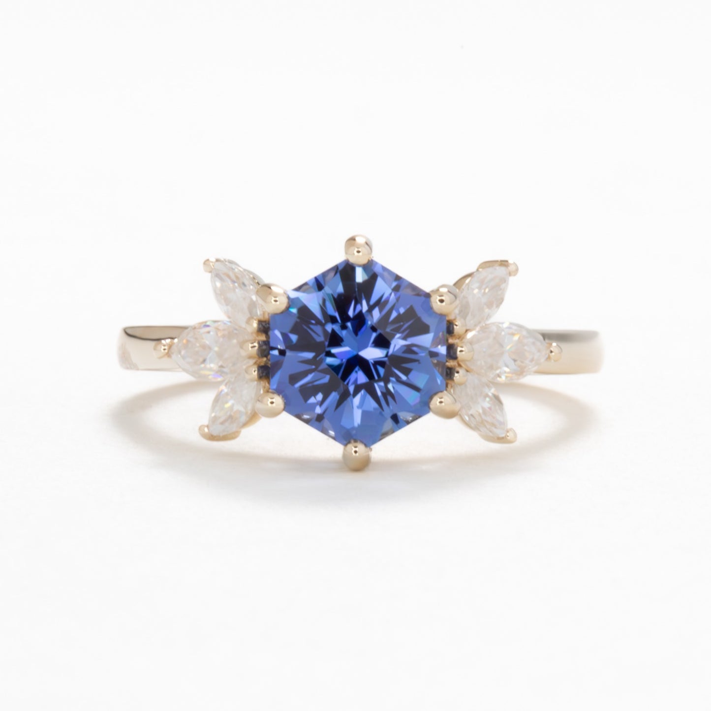 Enya engagement ring with hex lab sapphire 