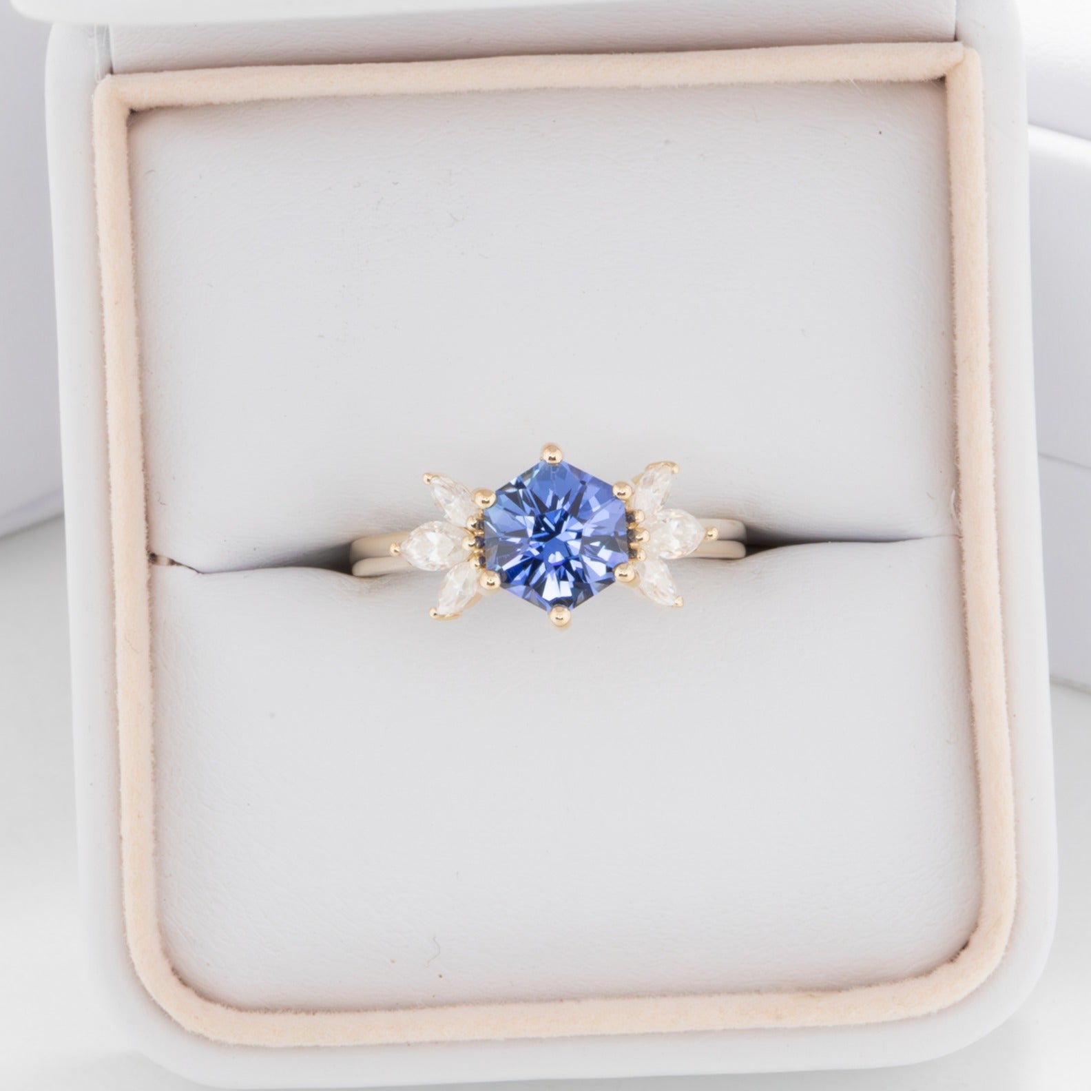 Enya engagement ring with hex lab sapphire 