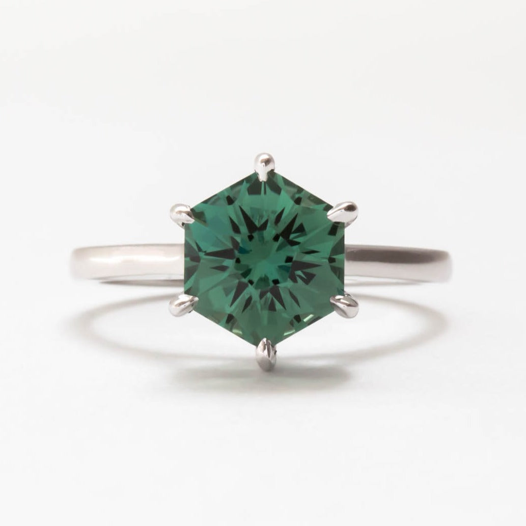 green lab sapphire hex in white gold solitaire