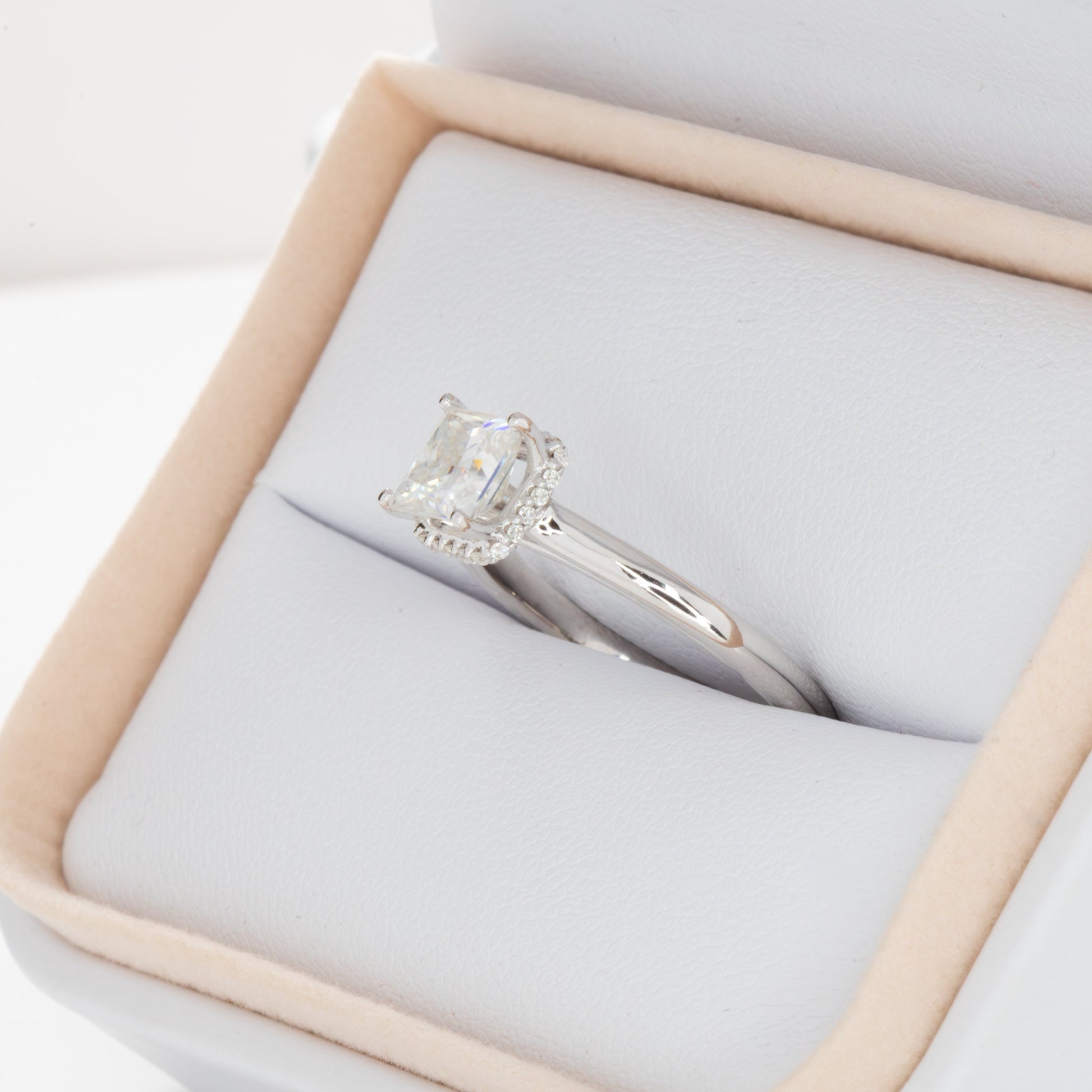 Juni engagement ring with hidden halo and princess moissanite