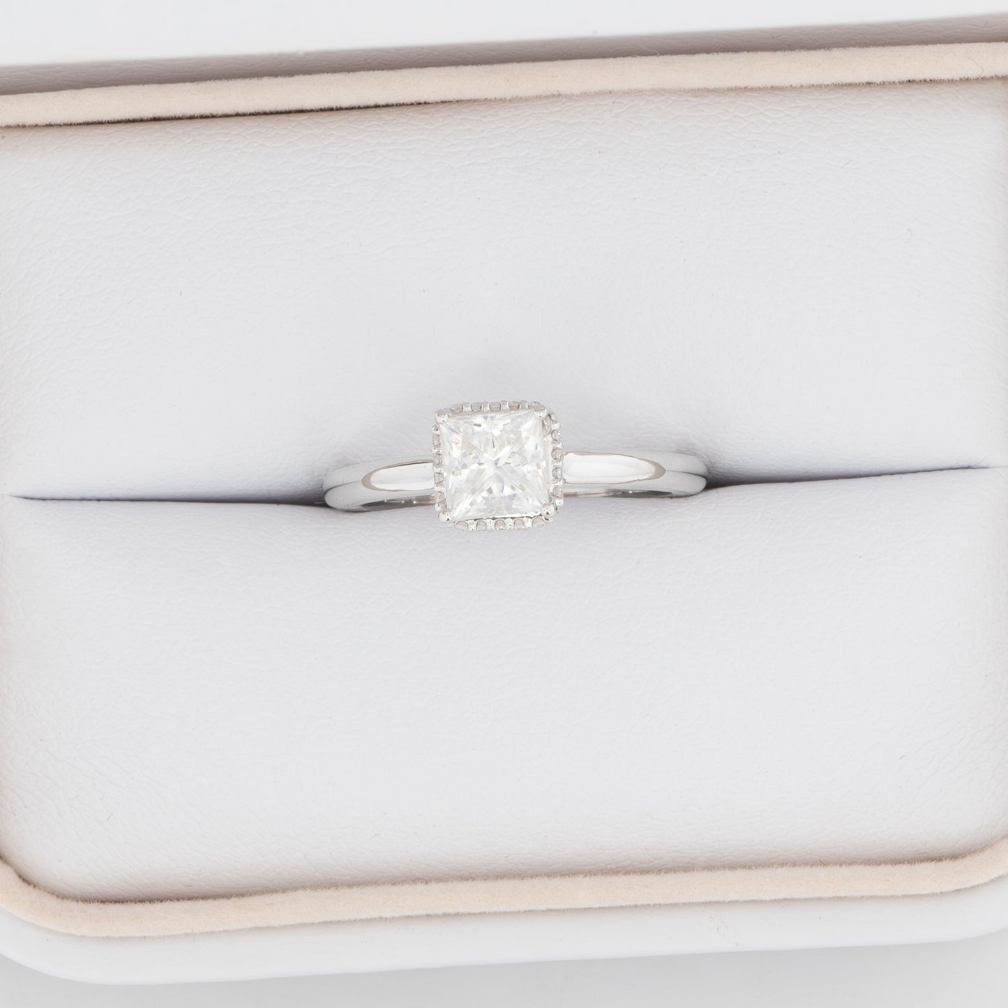 Juni engagement ring with hidden halo and princess moissanite