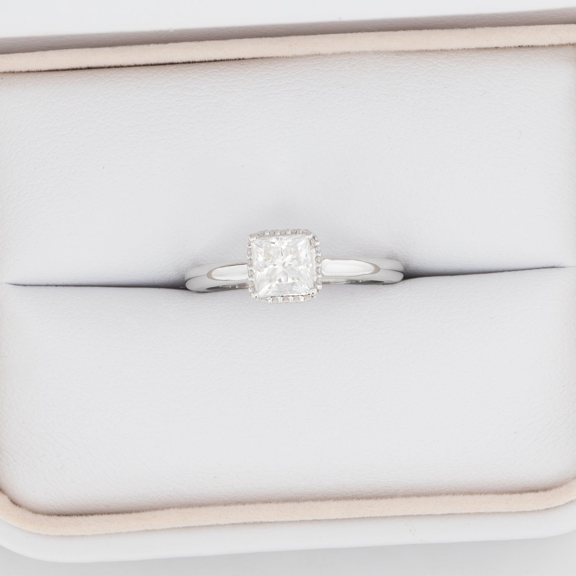 Juni engagement ring with hidden halo and princess moissanite