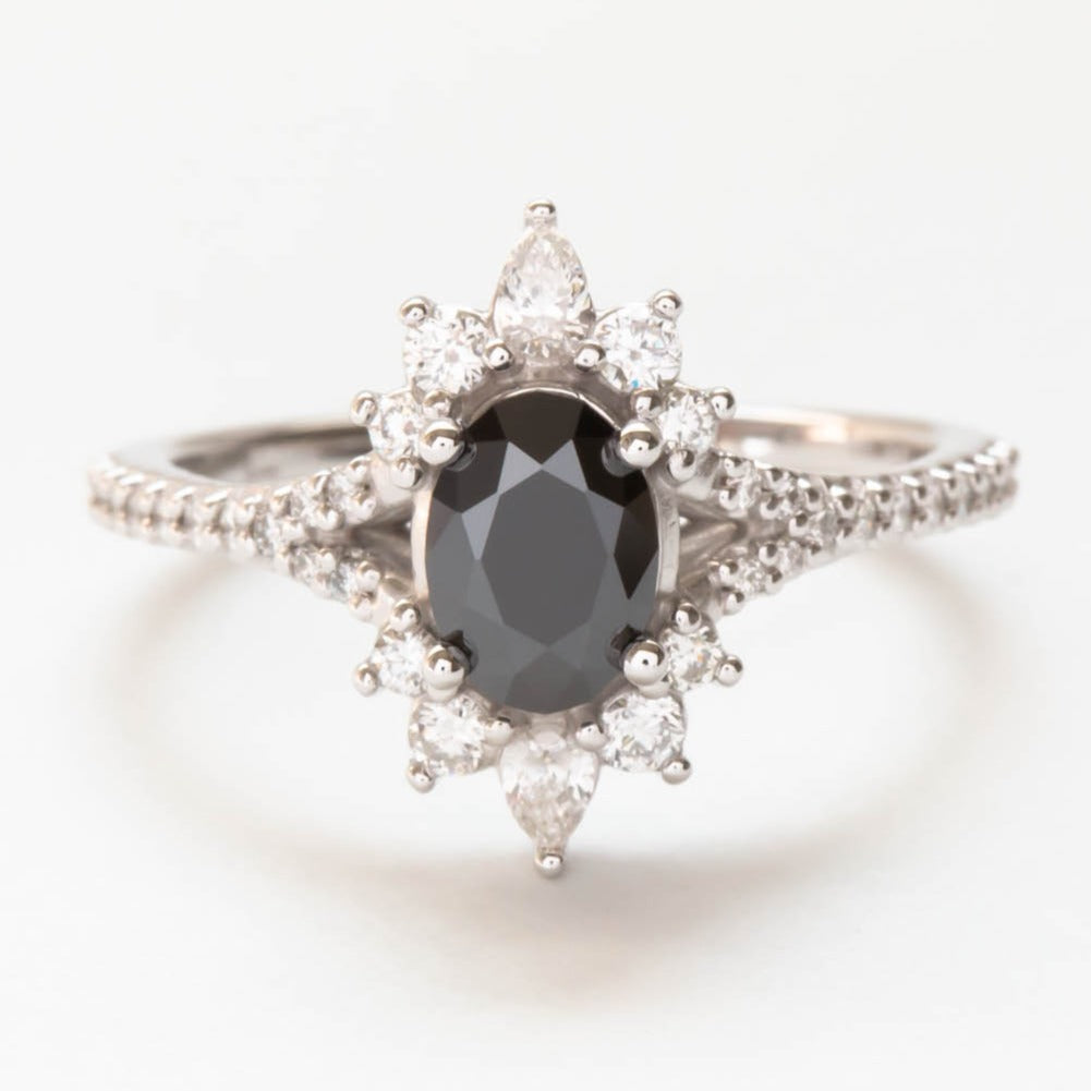 black moissanite Luna halo engagement ring