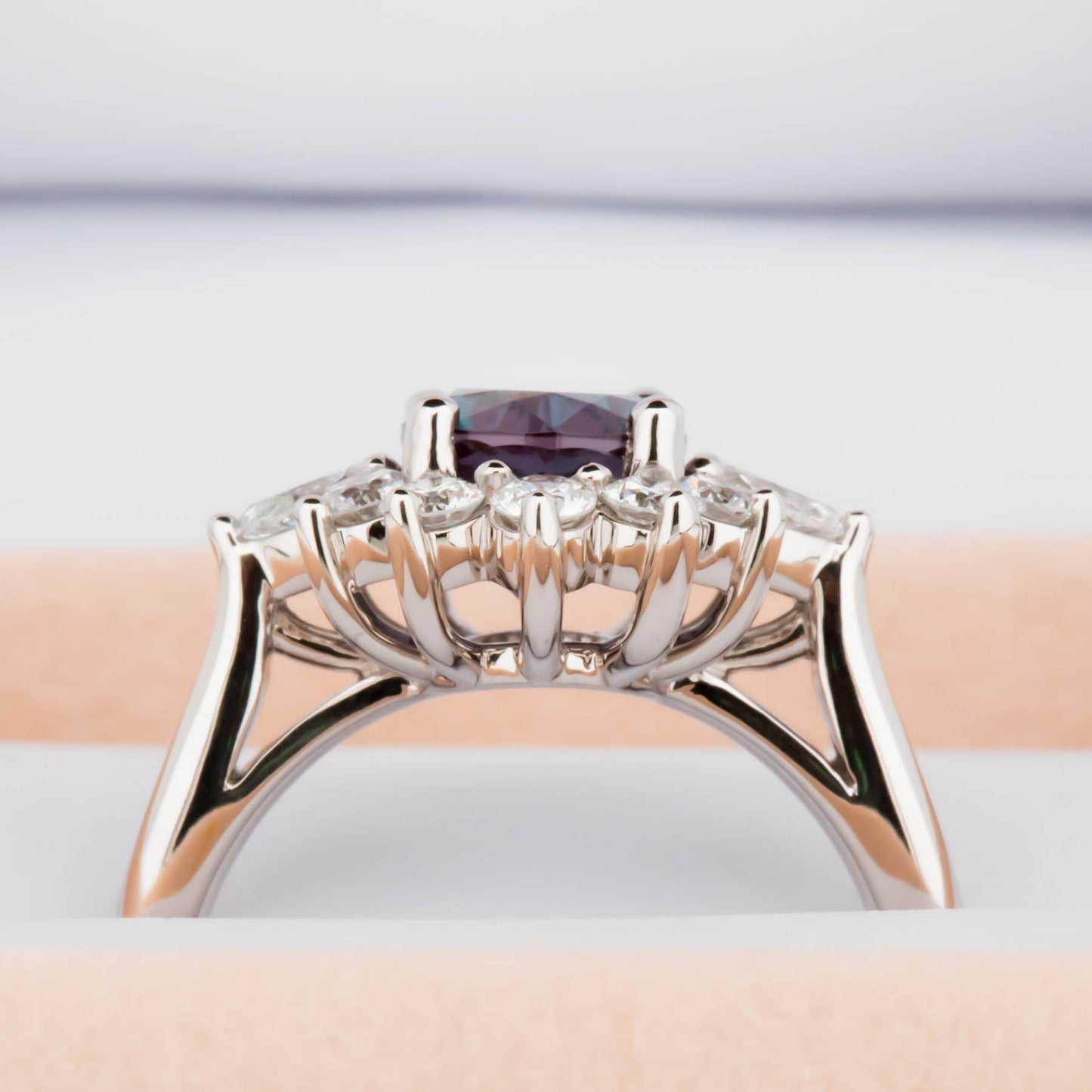 Shani halo engagement ring with lab alexandrite