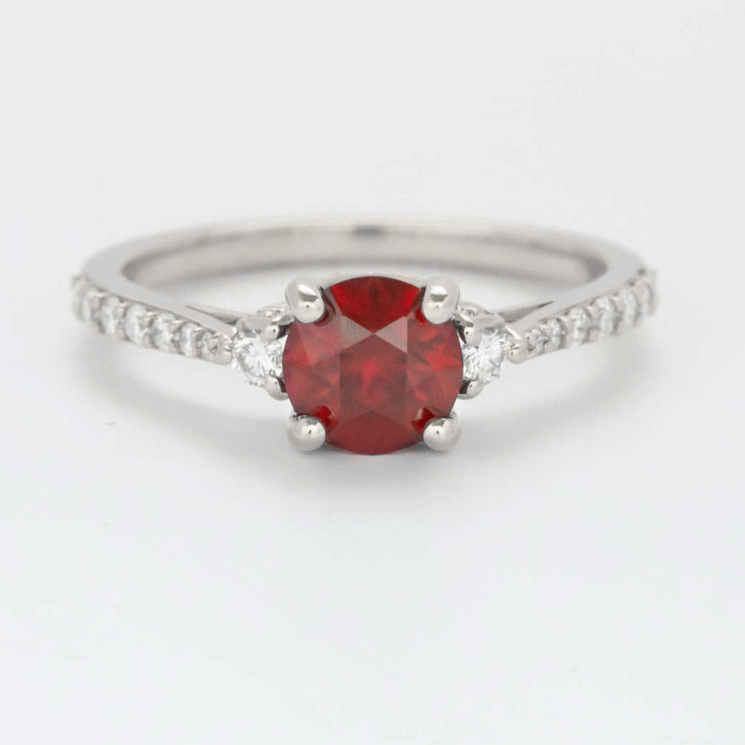 Stacy three stone engagement ring with lab ruby