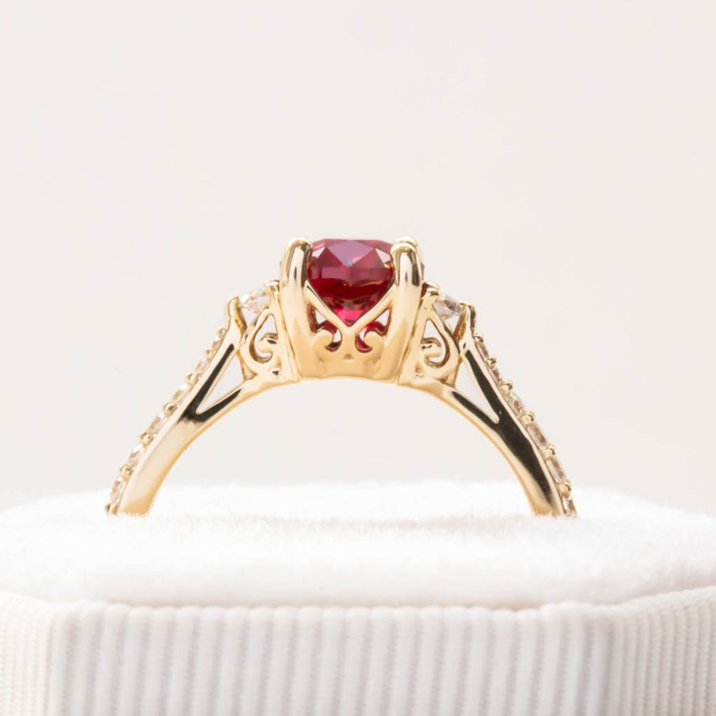 Stacy three stone engagement ring with lab ruby