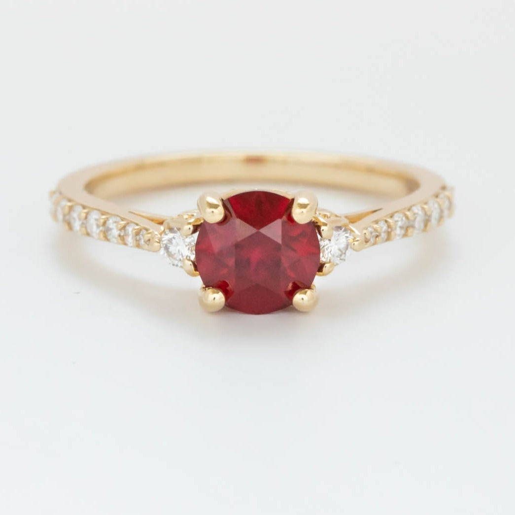 Stacy three stone engagement ring with lab ruby