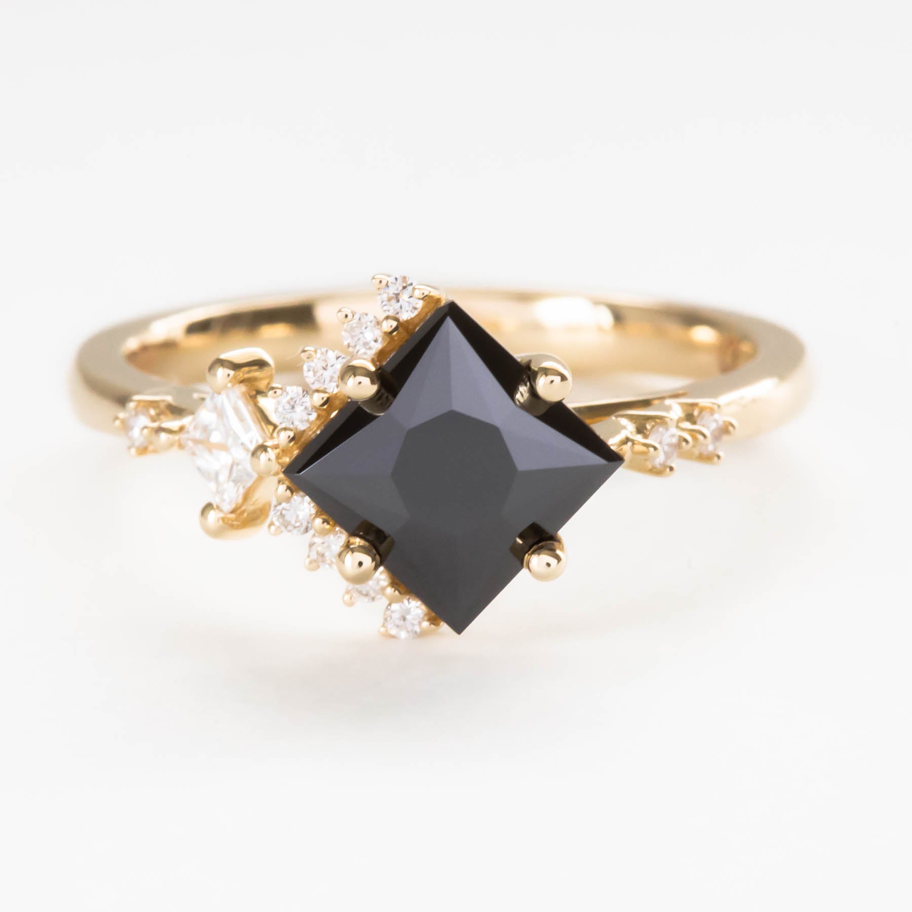 Tracy princess cut accented engagement ring with black moissanite