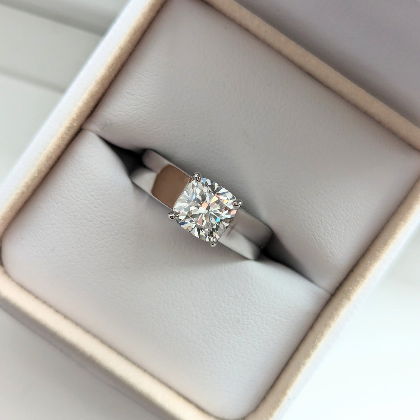 cushion cut lab diamond engagement ring in white gold