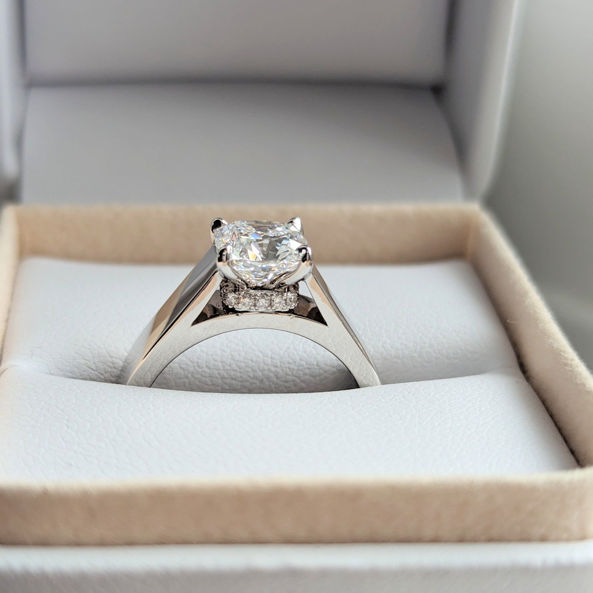 cushion cut lab diamond engagement ring in white gold