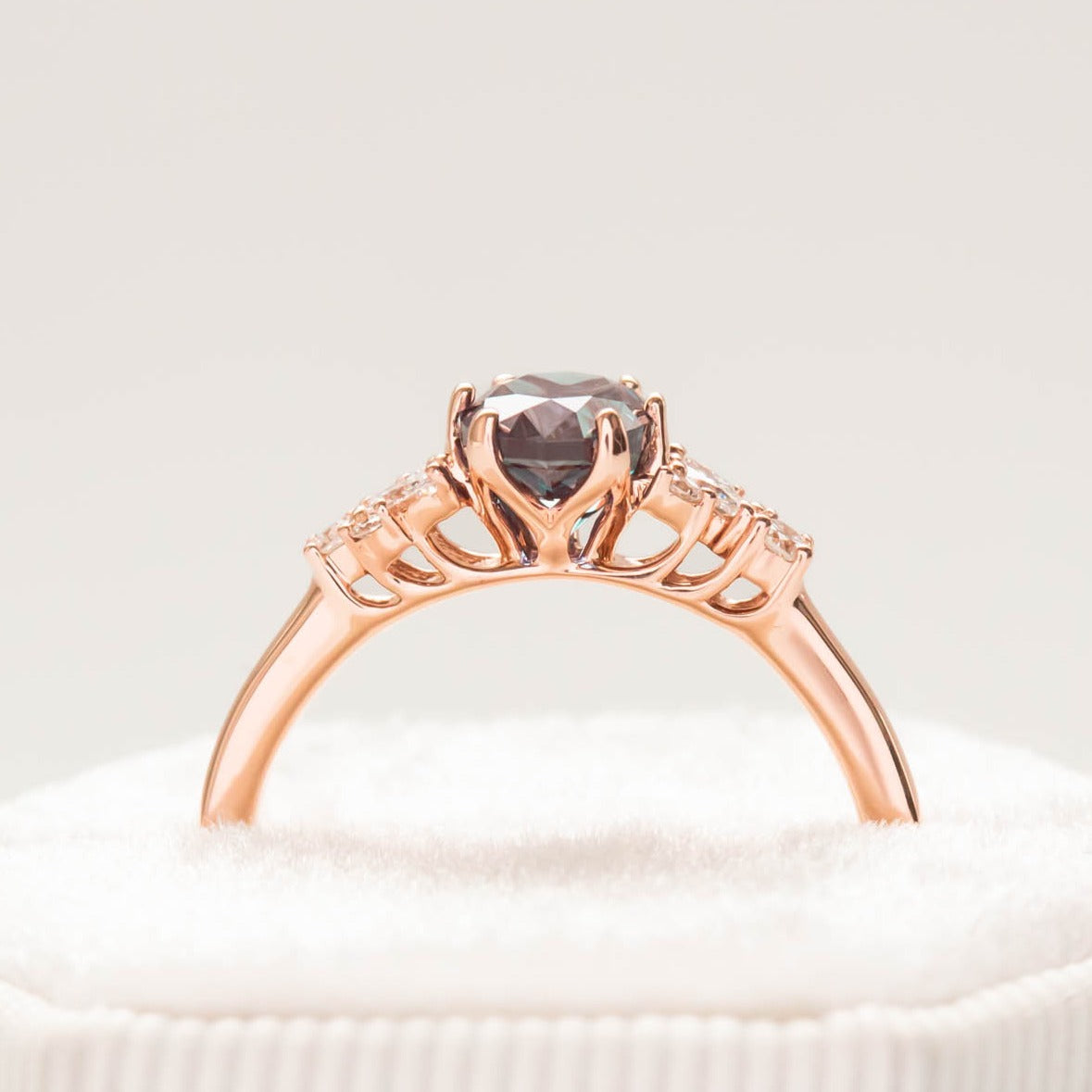 floral inspired ring with oval lab alexandrite in rose gold