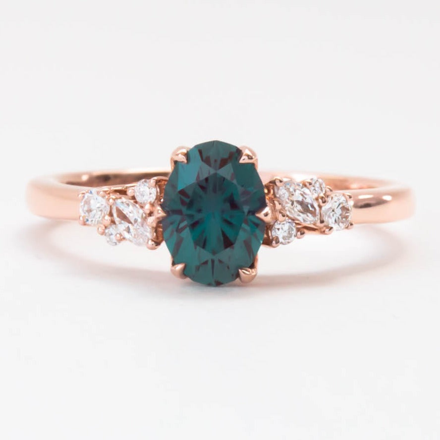 floral inspired ring with oval lab alexandrite in rose gold