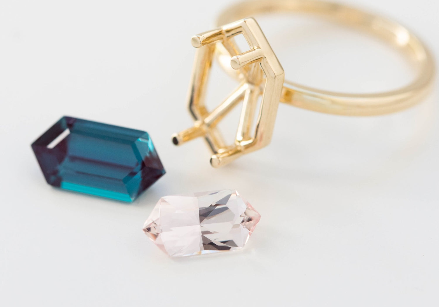 yellow gold unset setting with loose dutch marquise lab sapphire and alexandrite