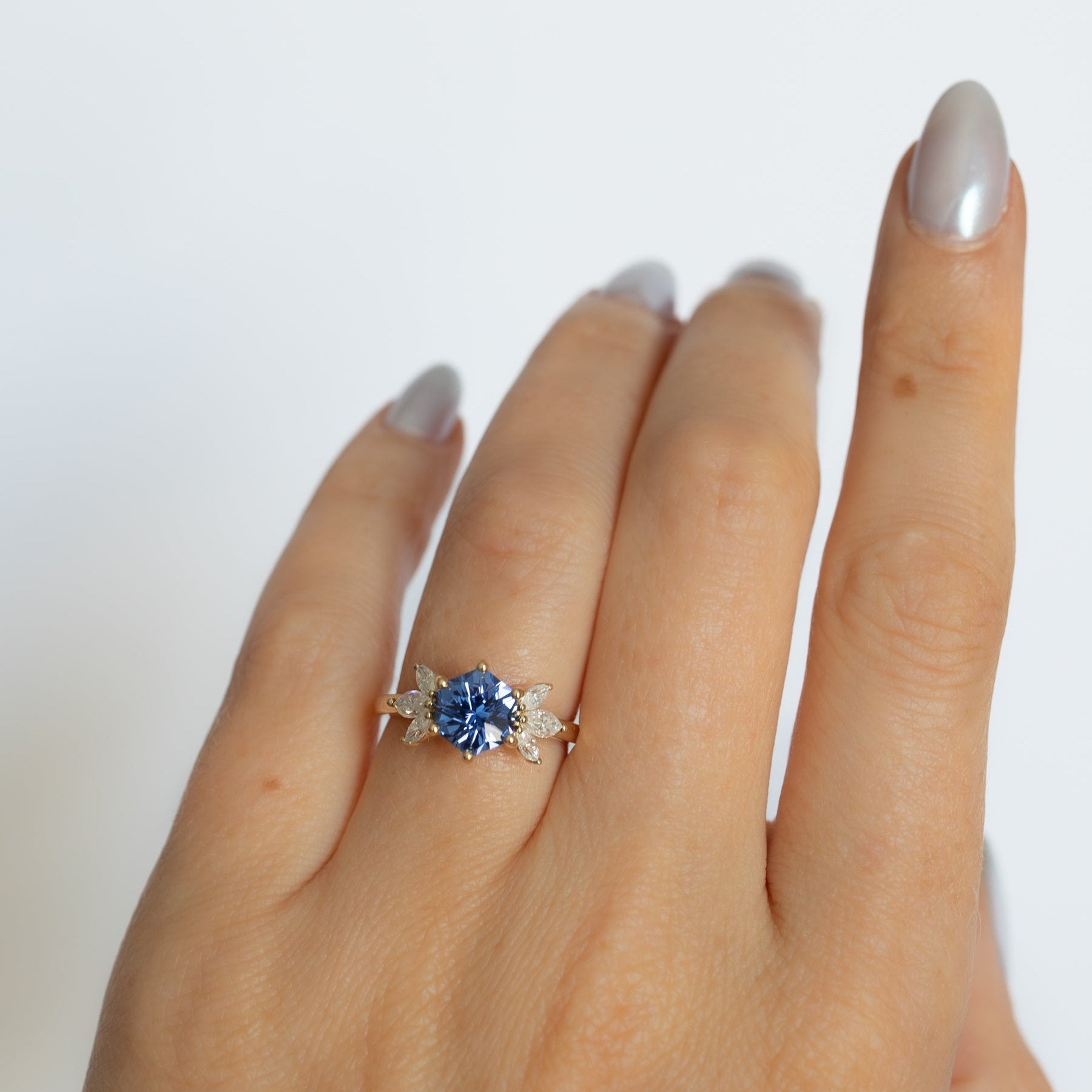 enya engagement ring with blue lab sapphire and stella wedding band