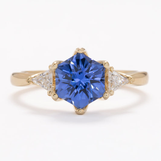 royal blue lab sapphire hex three stone ring