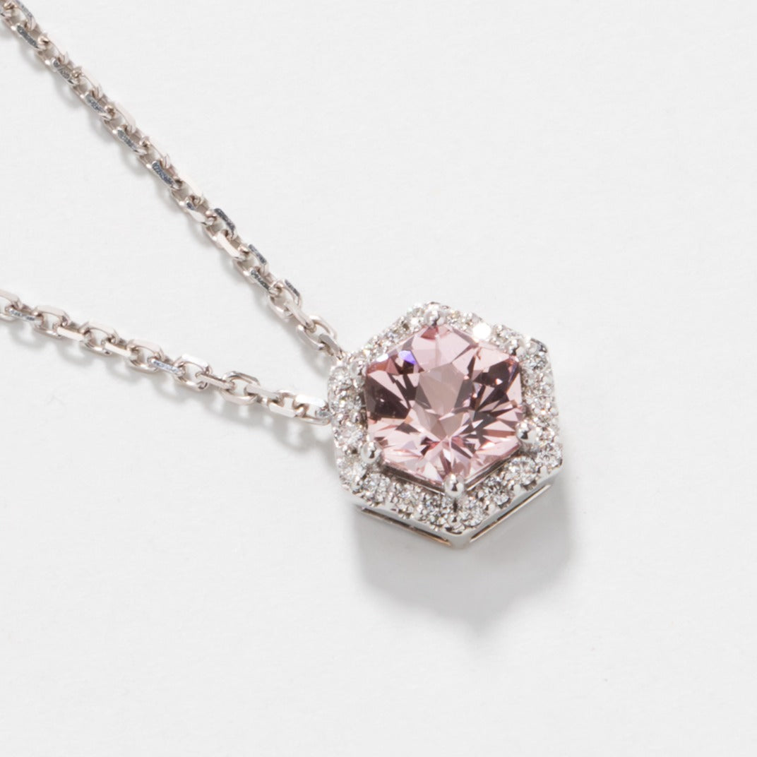 hex pink lab sapphire necklace with lab diamond halo