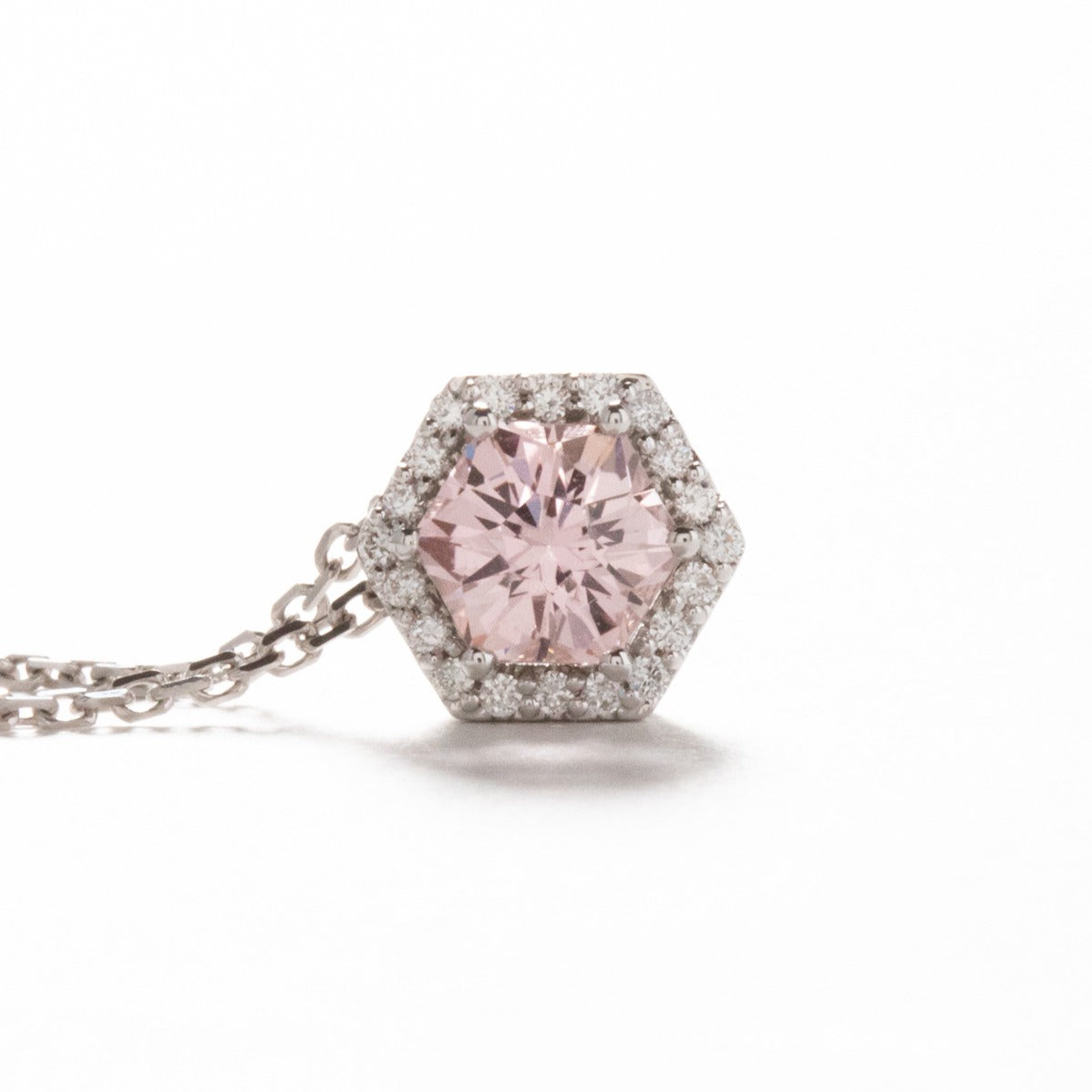 hex pink lab sapphire necklace with lab diamond halo