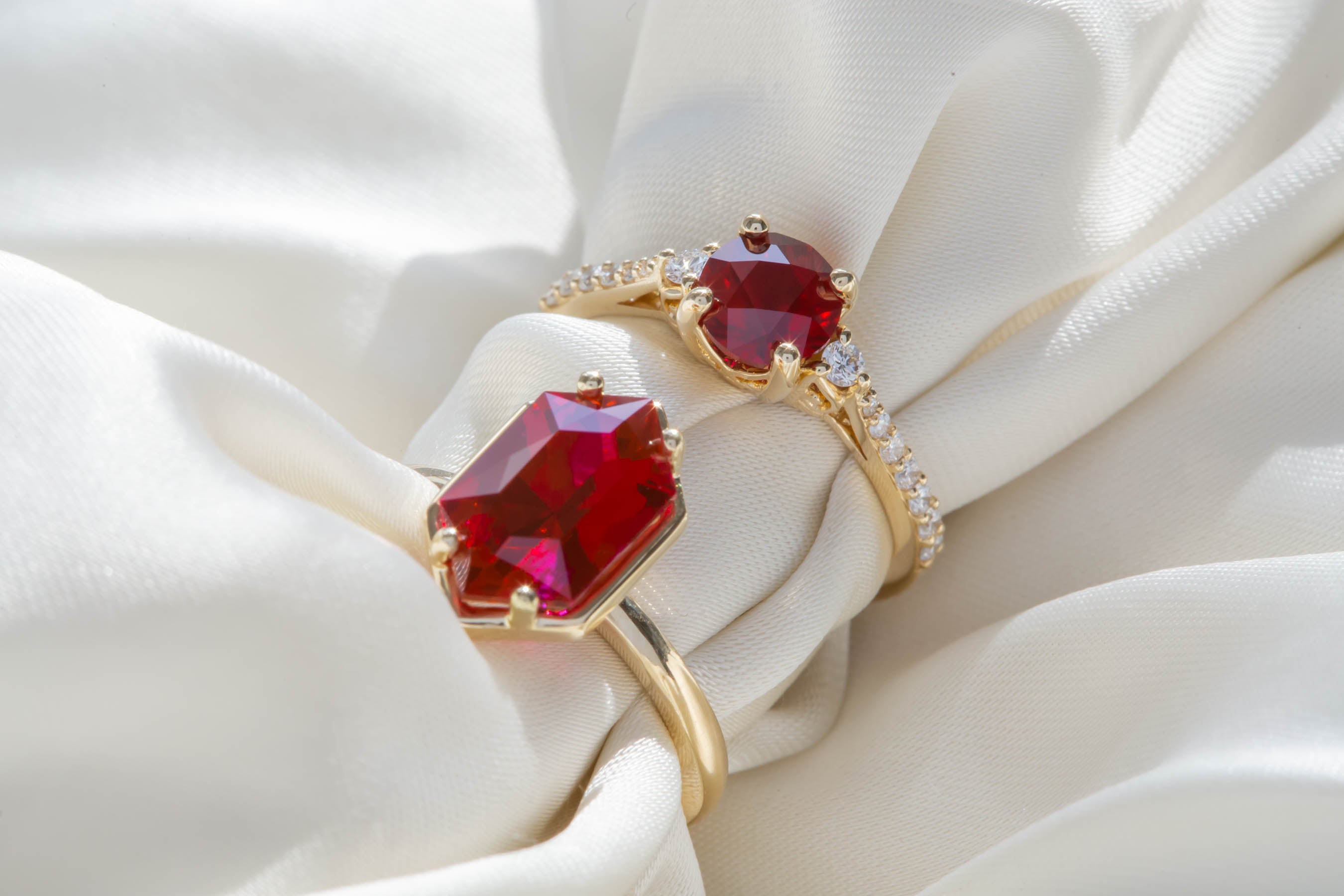 lab ruby engagement rings in yellow gold