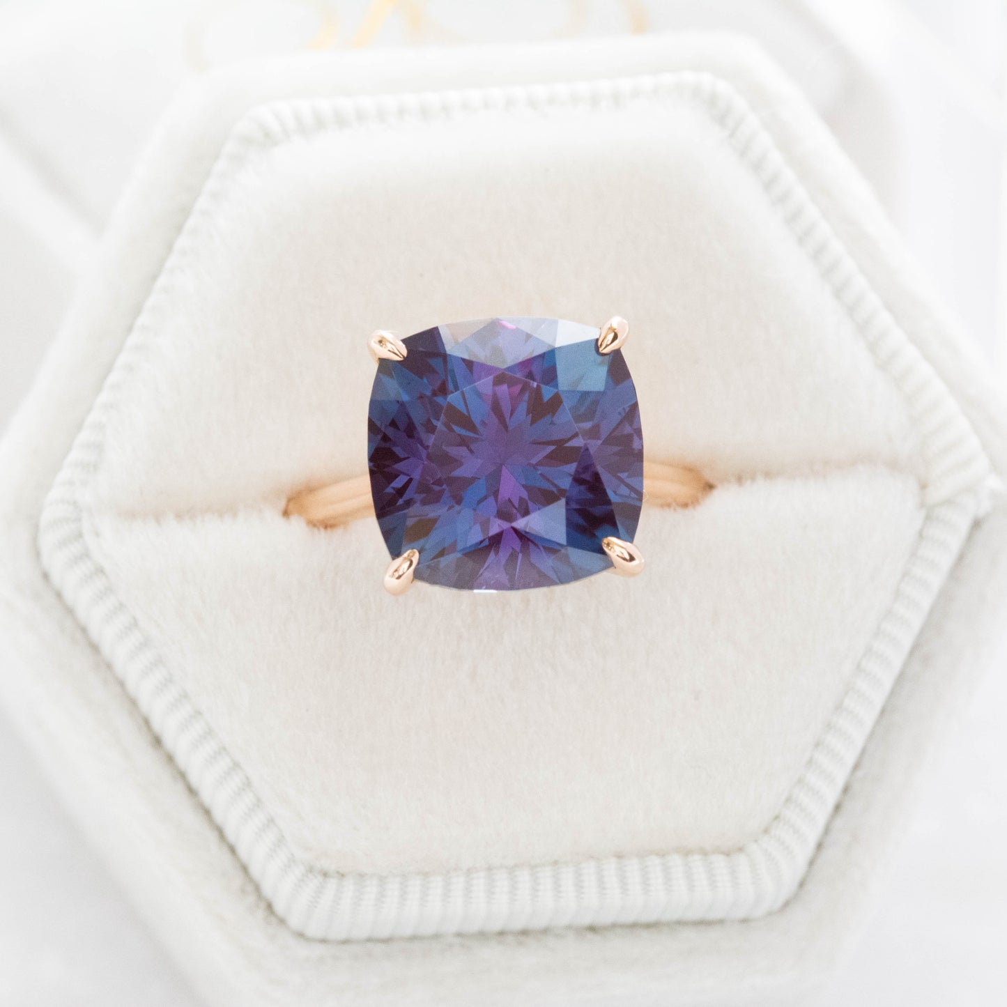 cushion cut lab alexandrite hidden halo engagement ring