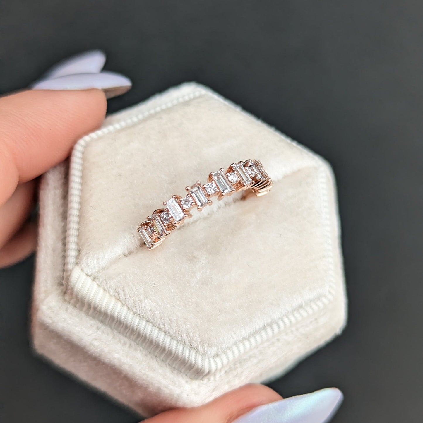 custom lab diamond wedding band in rose gold