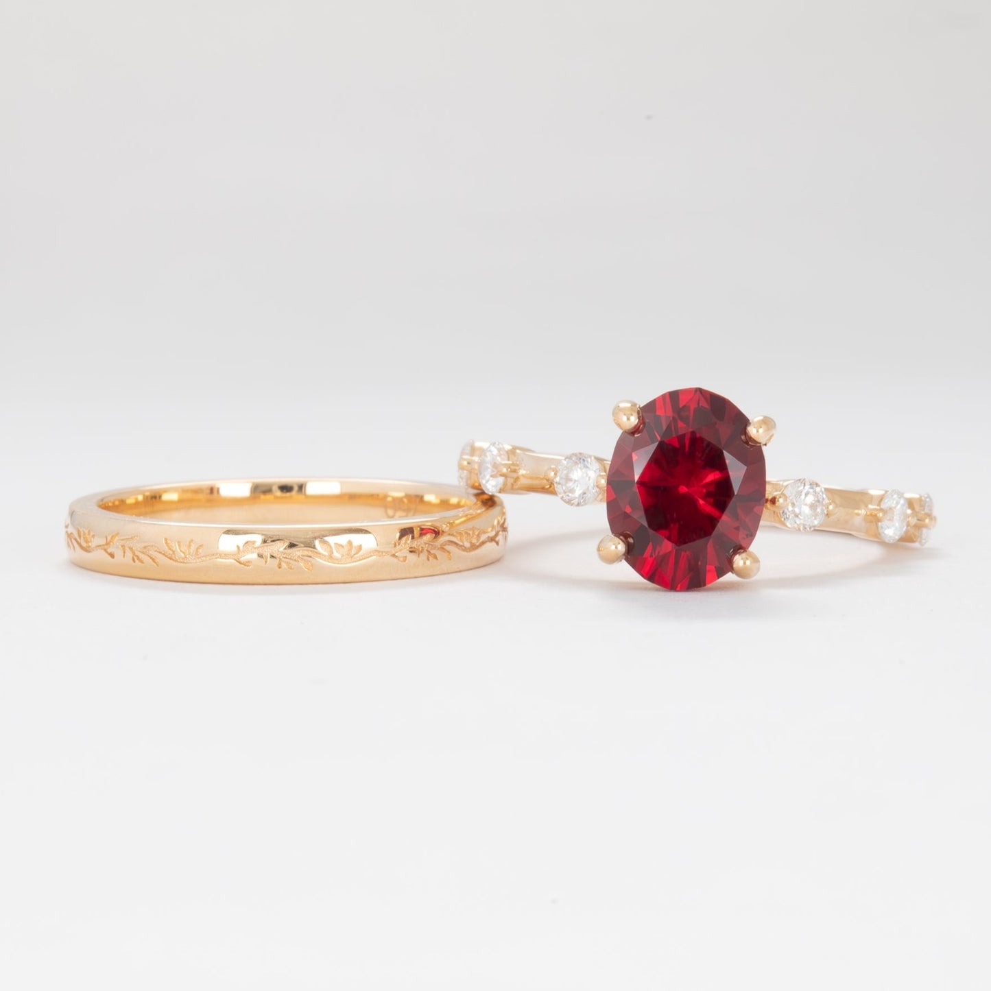 nyla wedding set in yellow gold and lab ruby