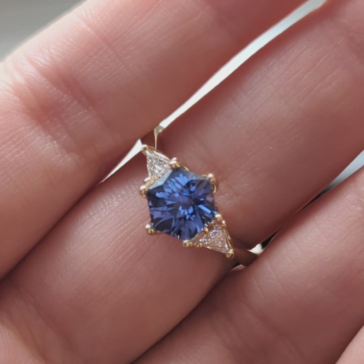 fiona three stone ring with hex blue lab sapphire