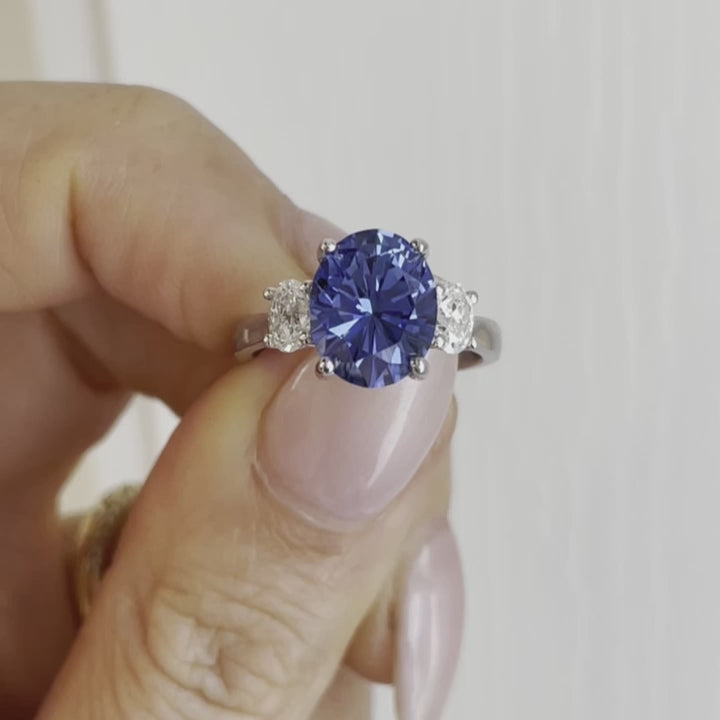 milly three stone ring with oval blue lab sapphire