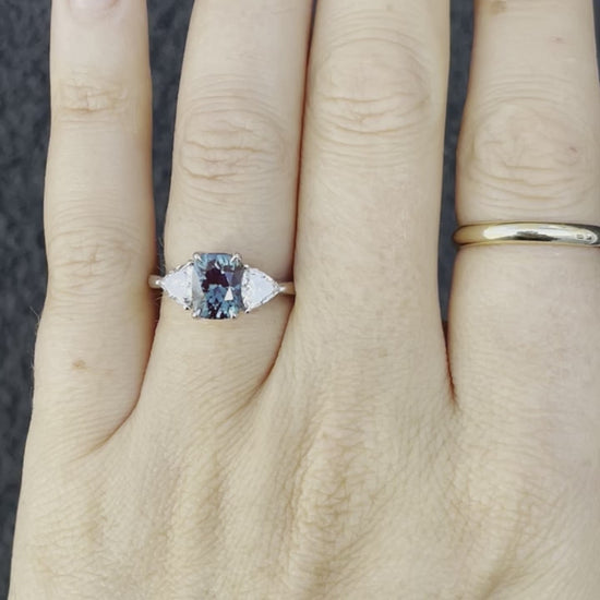 maeve three stone ring with lab alexandrite and trillion accents