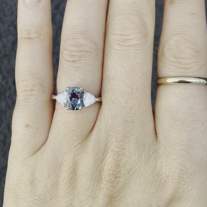 maeve three stone ring with lab alexandrite and trillion accents