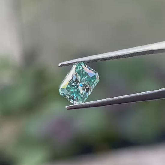 radiant blue-green moissanite tweezer video