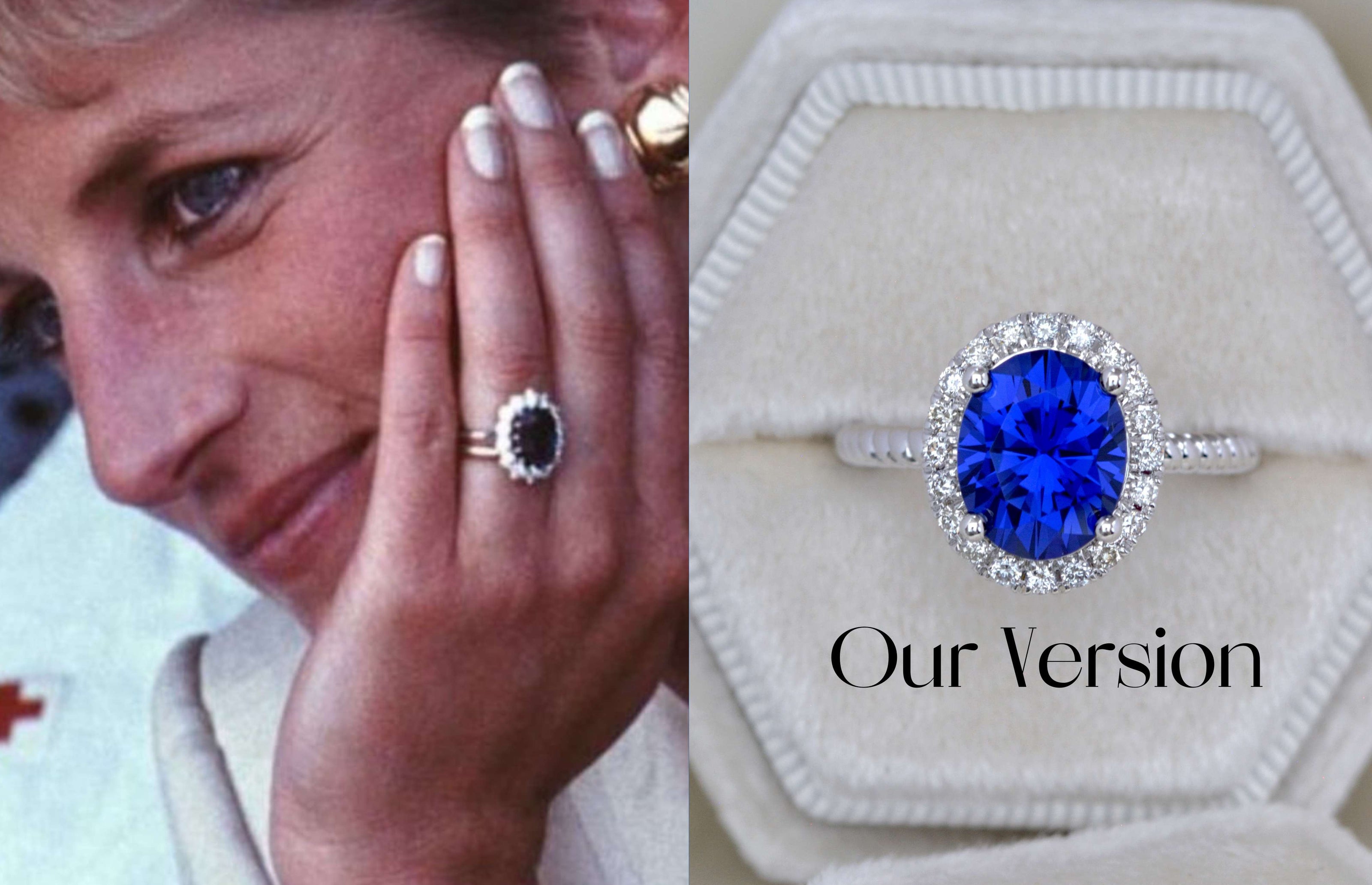 princess diana ring with lab diamond halo and royal blue oval lab sapphire