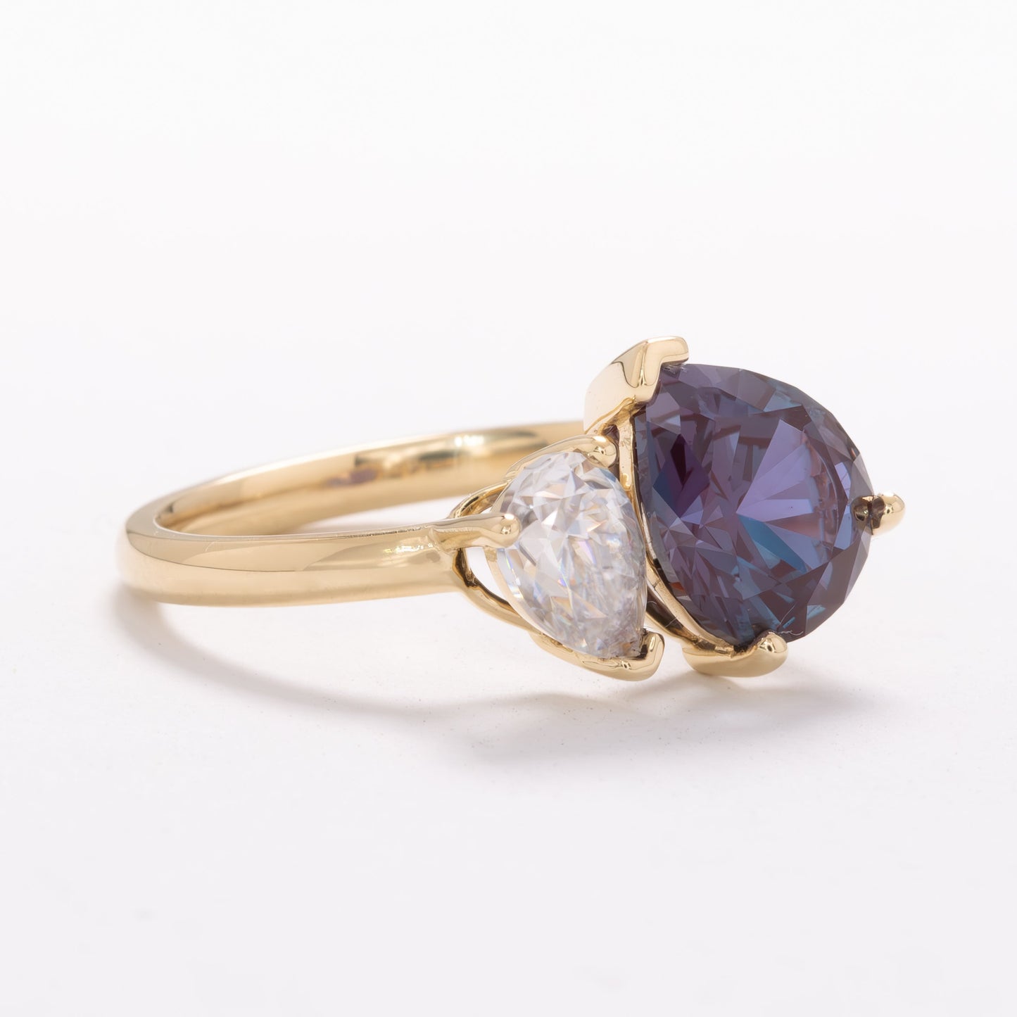 toi et moi ring with pear lab alexandrite and pear moissanite