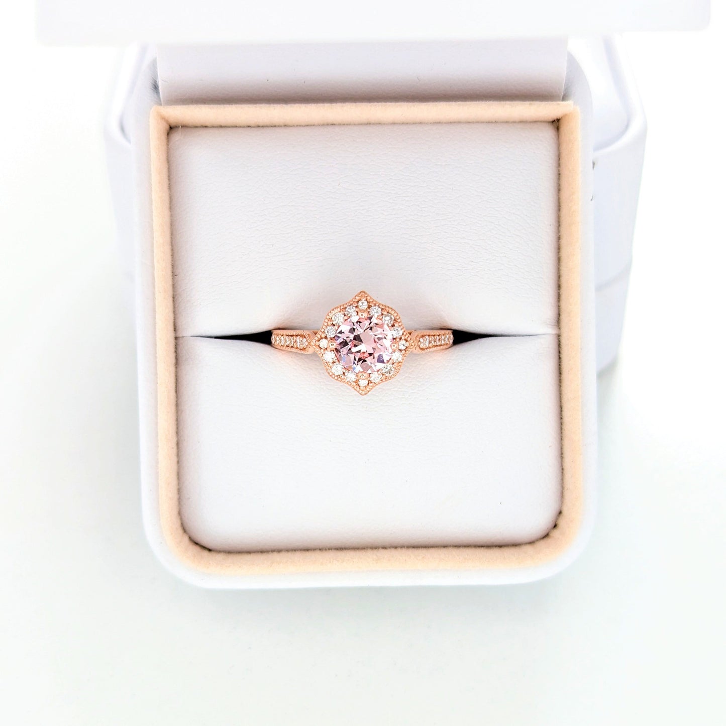 violet engagement ring with peach lab sapphire round in rose gold