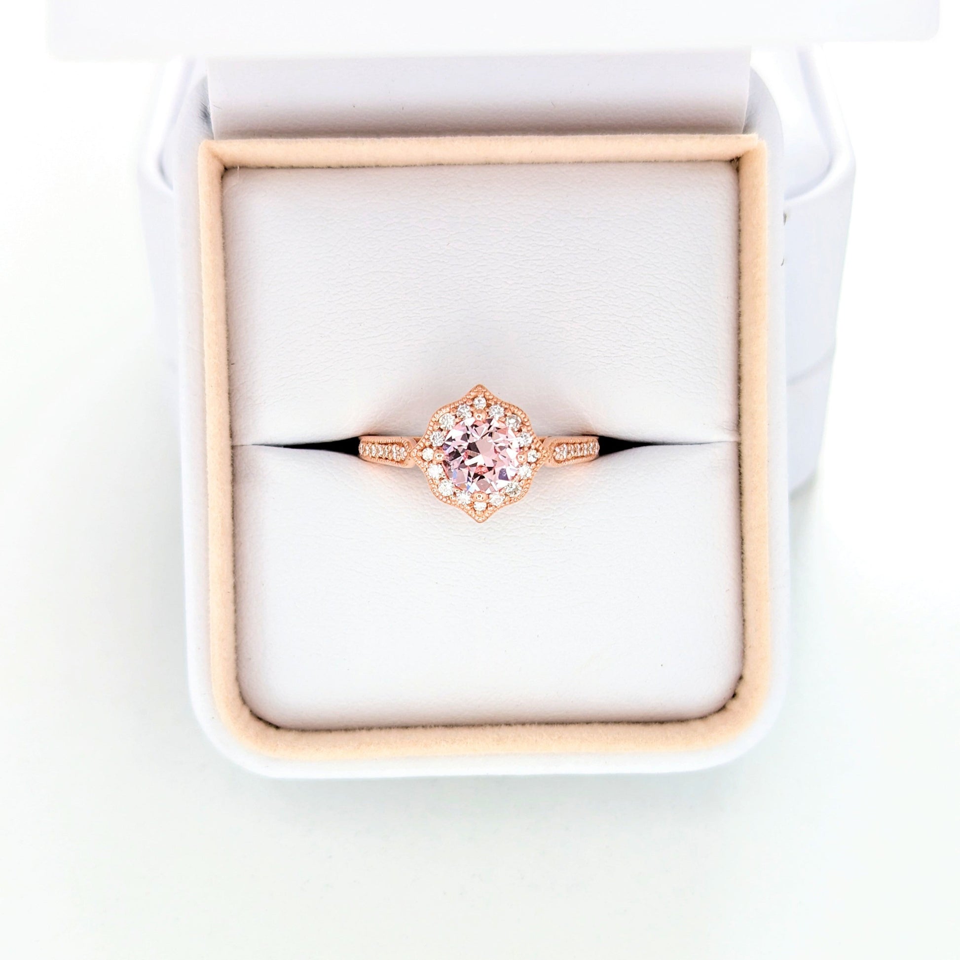 violet engagement ring with peach lab sapphire round in rose gold